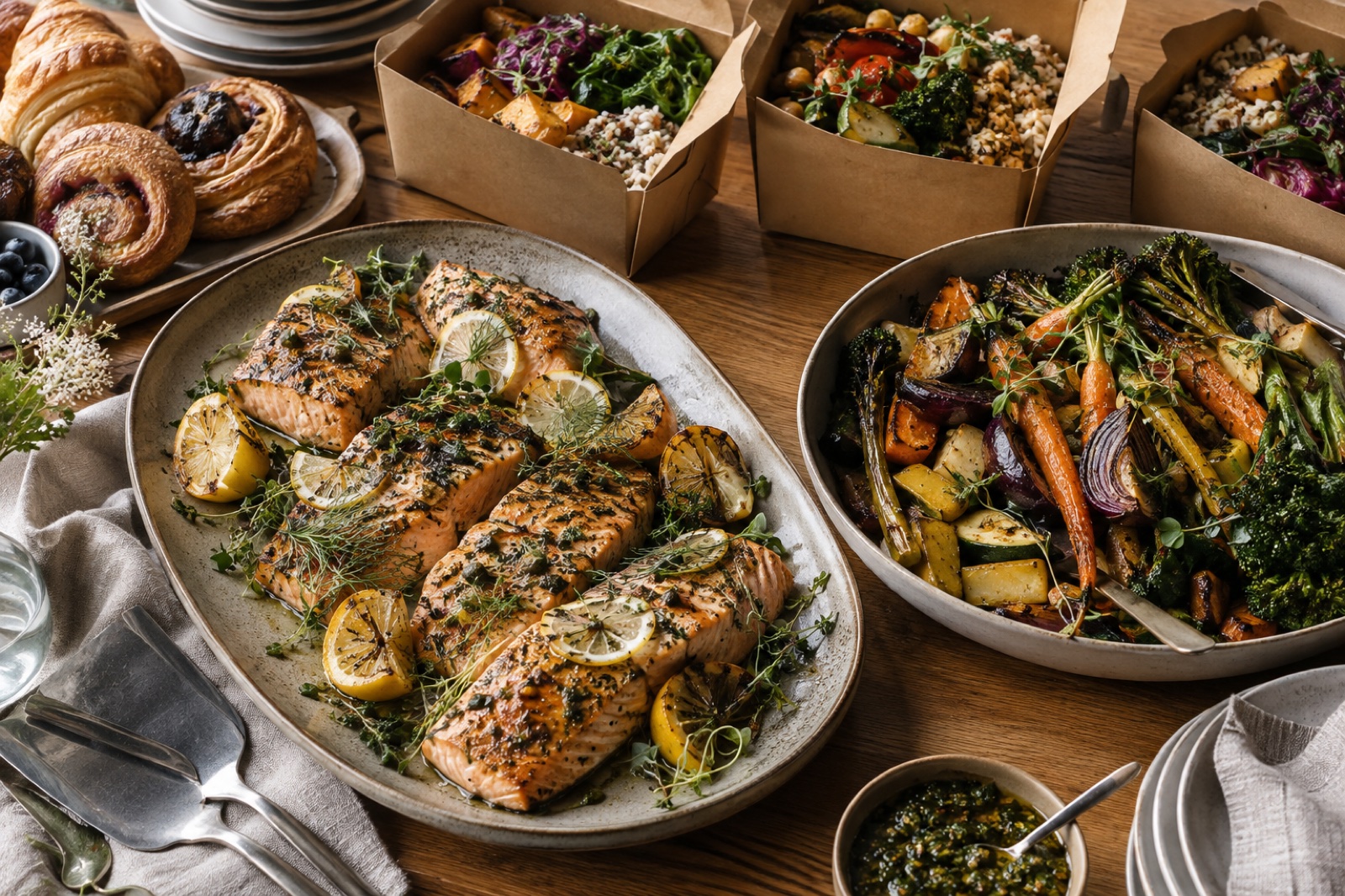 AI-generated catering concept with shared platters, lunch boxes and pastries; not an actual supplier menu